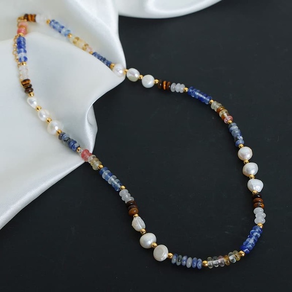 18K Gold Plated Gemstone Necklace*Lapis Lazuli*Freshwater Pearls*Tourmaline* - Picture 4 of 8